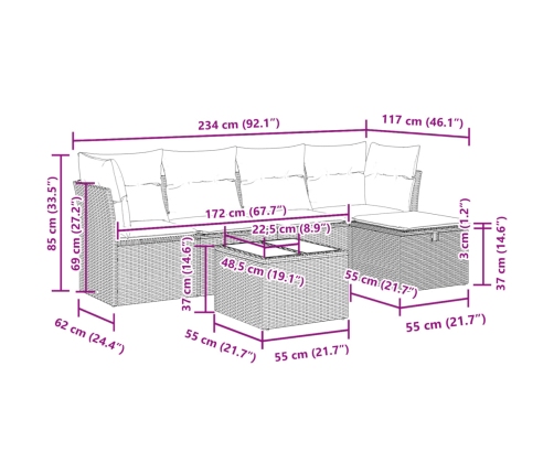 Set de muebles de jardín 6 pzas y cojines ratán sintético gris