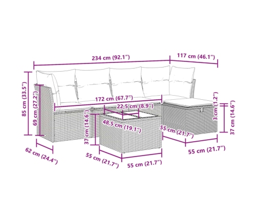 Set de sofás de jardín 6 pzas y cojines ratán sintético gris
