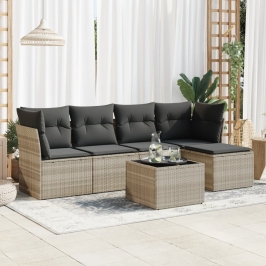 Set de sofás de jardín 6 pzas y cojines ratán sintético gris