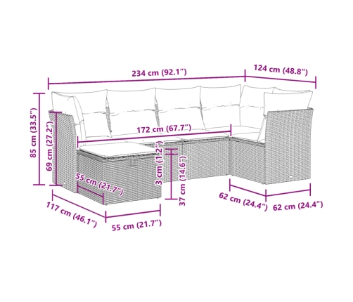 Set de muebles de jardín 6 pzas y cojines ratán sintético gris