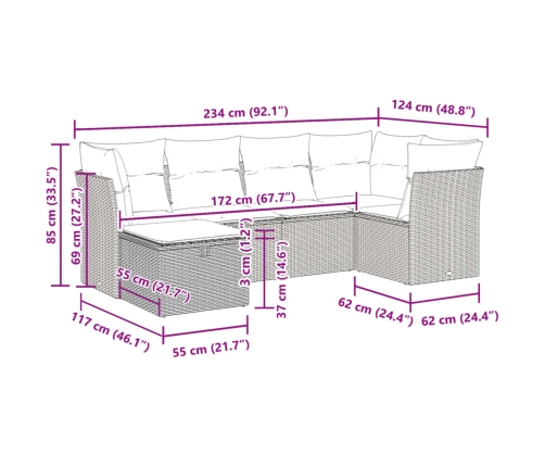 Set de sofás de jardín 6 pzas y cojines ratán sintético gris