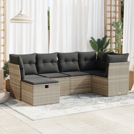 Set de sofás de jardín 6 pzas y cojines ratán sintético gris