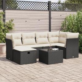 Set de sofás de jardín 7 pzas con cojines ratán sintético negro