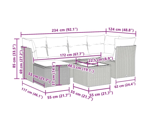 Set sofás de jardín 7 piezas y cojines ratán sintético beige