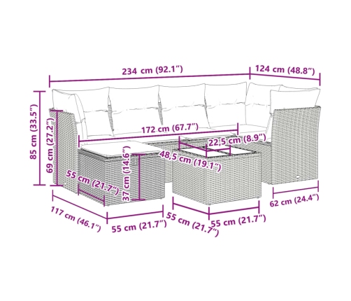 Set de sofás de jardín 7 pzas con cojines ratán sintético gris