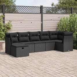 Set de sofás de jardín 7 pzas con cojines ratán sintético negro