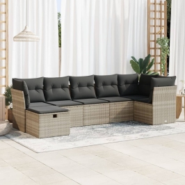 Set de sofás de jardín 7 pzas con cojines ratán PE gris claro