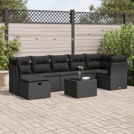 Set de sofás de jardín y cojines 8 piezas ratán sintético negro