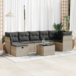 Set de sofás de jardín 8 pzas y cojines ratán sintético gris