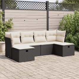 Set de sofás de jardín 6 piezas y cojines ratán sintético negro