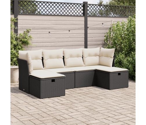 Set de sofás de jardín 6 piezas y cojines ratán sintético negro