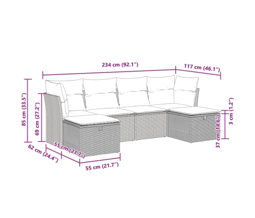 Set de muebles de jardín 6 pzas y cojines ratán sintético gris
