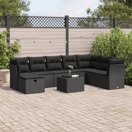 Set de sofás de jardín con cojines 9 pzas ratán sintético negro
