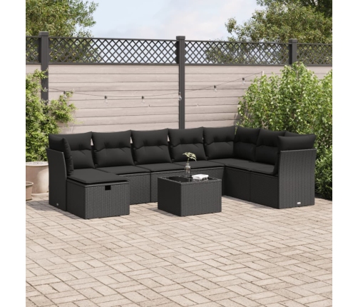 Set de sofás de jardín con cojines 9 pzas ratán sintético negro
