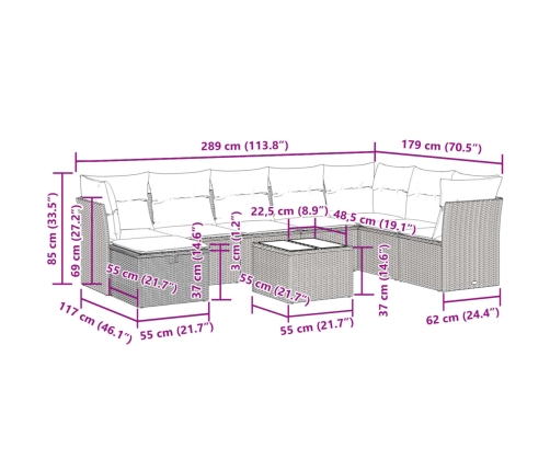 Set de sofás de jardín con cojines 9 pzas ratán sintético beige