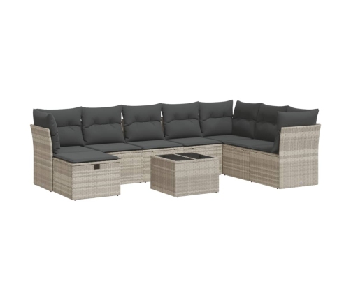 Set muebles jardín 9 pzas y cojines ratán sintético gris claro