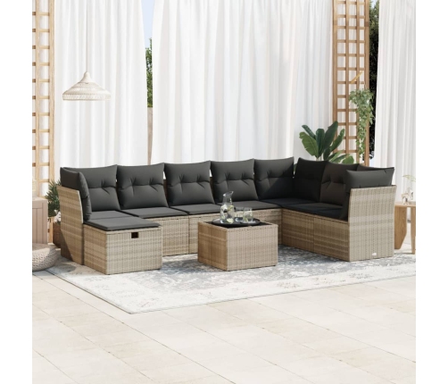 Set muebles jardín 9 pzas y cojines ratán sintético gris claro