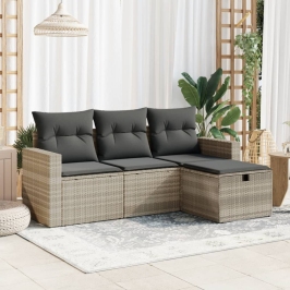 Set de sofás de jardín 4 pzas y cojines ratán sintético gris