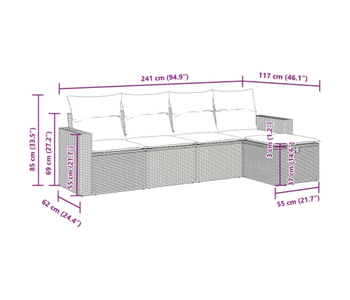 Set comedor de jardín 5 piezas y cojines ratán sintético marrón