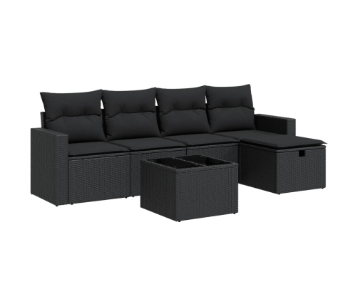 Set de sofás de jardín 6 piezas y cojines ratán sintético negro