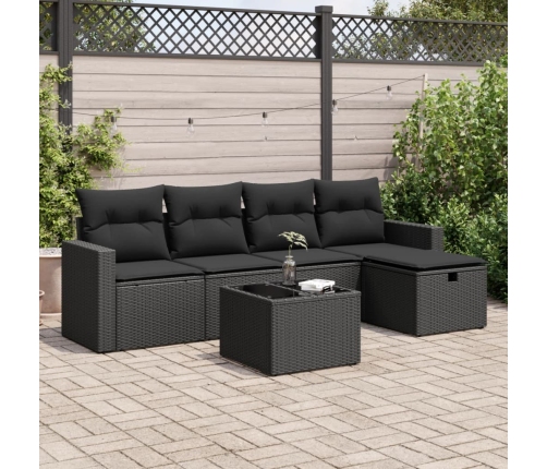 Set de sofás de jardín 6 piezas y cojines ratán sintético negro