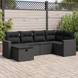 Set de sofás de jardín 6 piezas y cojines ratán sintético negro