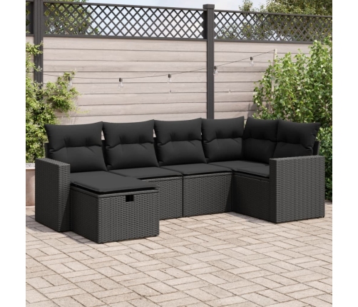 Set de sofás de jardín 6 piezas y cojines ratán sintético negro