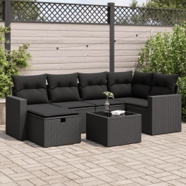 Set de sofás de jardín 7 pzas con cojines ratán sintético negro