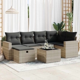 Set de sofás de jardín 7 pzas con cojines ratán PE gris claro