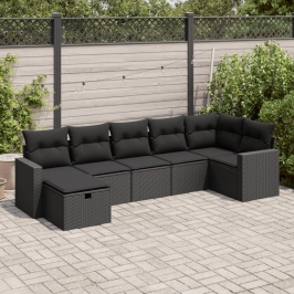 Set de sofás de jardín 7 pzas con cojines ratán sintético negro