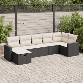 Set de sofás de jardín 7 pzas con cojines ratán sintético negro