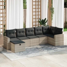 Set de sofás de jardín 7 pzas con cojines ratán PE gris claro