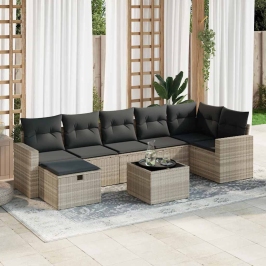 Set de sofás de jardín 8 pzas y cojines ratán sintético gris