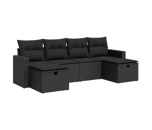 Set de sofás de jardín 6 piezas y cojines ratán sintético negro