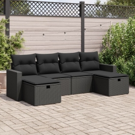 Set de sofás de jardín 6 piezas y cojines ratán sintético negro
