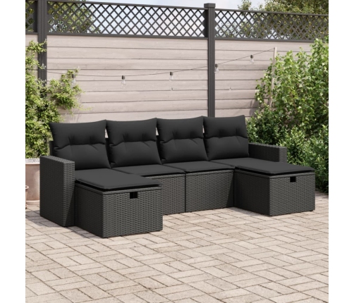 Set de sofás de jardín 6 piezas y cojines ratán sintético negro