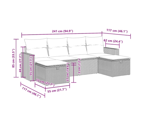 Set de muebles de jardín 6 pzas y cojines ratán sintético gris
