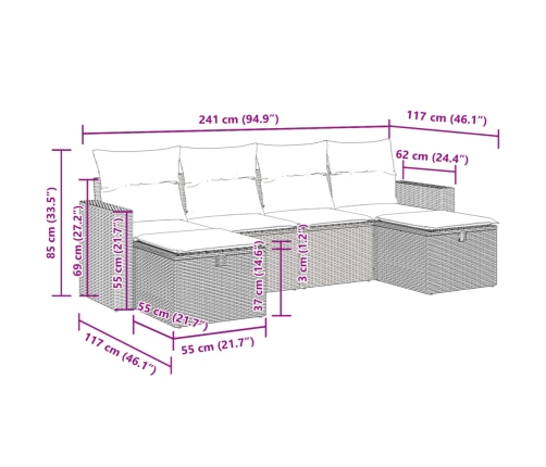 Set sofás de jardín 6 piezas y cojines ratán sintético marrón