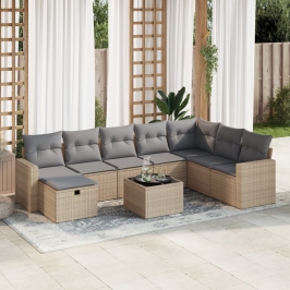 Set de sofás de jardín con cojines 9 pzas ratán sintético beige