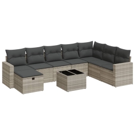 Set muebles jardín 9 pzas y cojines ratán sintético gris claro