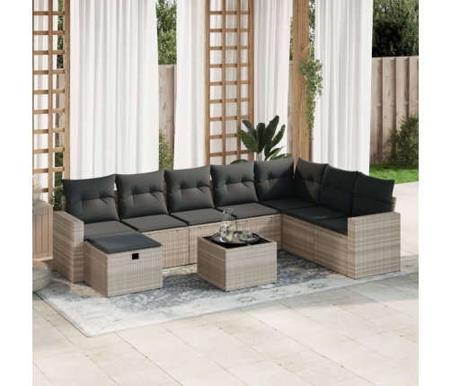 Set muebles jardín 9 pzas y cojines ratán sintético gris claro