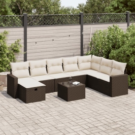 Set de sofás de jardín 9 pzas y cojines ratán sintético marrón