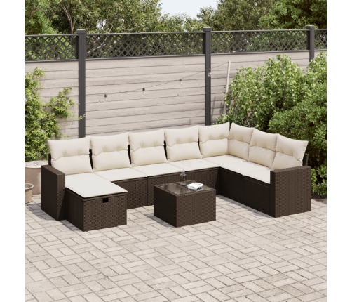 Set de sofás de jardín 9 pzas y cojines ratán sintético marrón