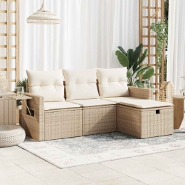 Juego de sofás jardín con cojines 4 pzas ratán sintético beige
