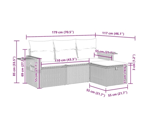 Set de sofás de jardín 4 pzas y cojines ratán sintético gris