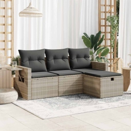 Set de sofás de jardín 4 pzas y cojines ratán sintético gris