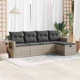 Set de sofás jardín y cojines 5 pzas ratán sintético gris claro