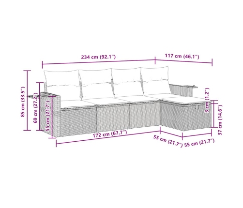 Set comedor de jardín 5 piezas y cojines ratán sintético marrón