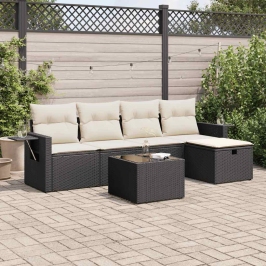 Set de sofás de jardín 6 piezas y cojines ratán sintético negro