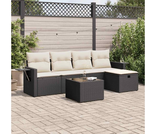 Set de sofás de jardín 6 piezas y cojines ratán sintético negro